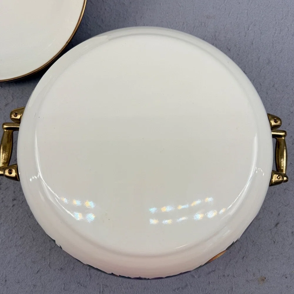 Vtg Enamel Dutch Oven Casserole Orchard Fruit Pattern Brass Handles Pristine 10